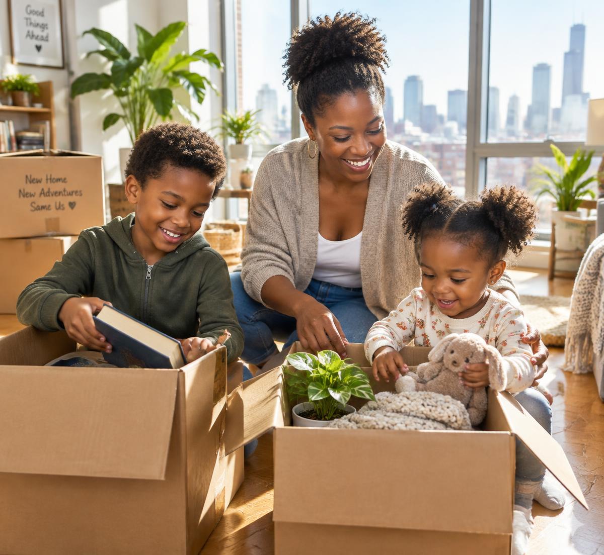 A mother and her children unpacking boxes in a bright new apartment